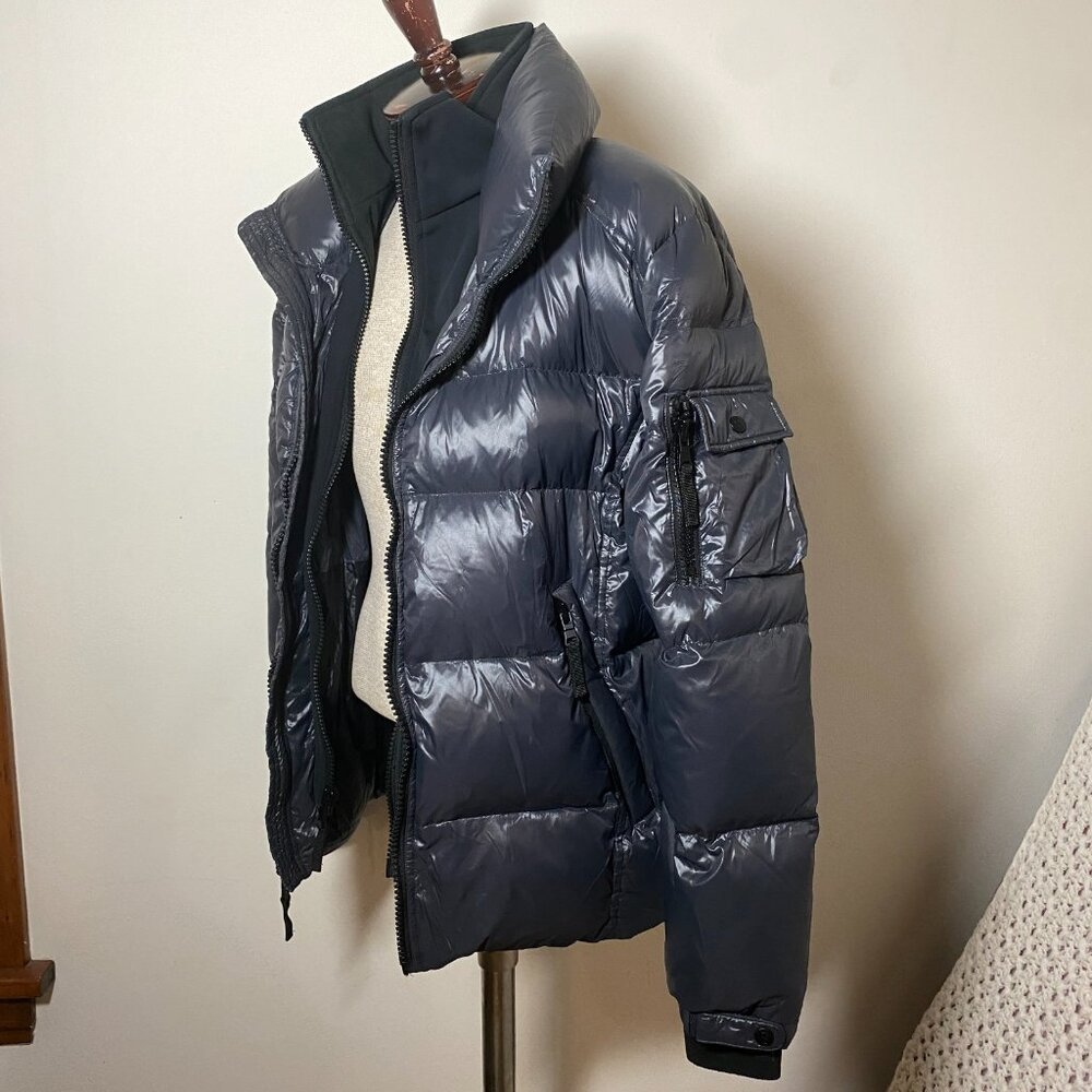 $695 Sam Down Puffer Coat Jet Black Layered Full Zip Insulated Quilted Mens Sz L
